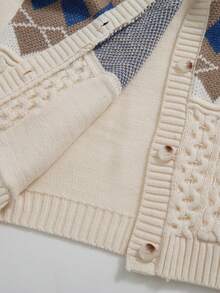 Rusticease Cardigan Rajut Tebal Musim Gugur/Dingin Wanita, Sweater Ukuran Besar dengan Motif Berlian Jacquard - Aprikot - View 6