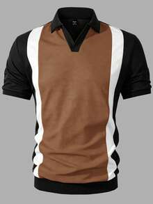 Manfinity Homme 男士休閒簡約條紋短袖 Polo 衫，適合通勤與辦公 - 彩色 - 查看 5