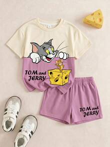 TOM & JERRY X SHEIN 少女對比色卡通印花T恤短褲套裝 - 白色 - 查看 1