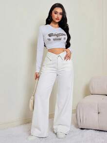 SHEIN Tall 女款折腰寬腿寬鬆休閒牛仔褲 秋季女裝 教師褲 - 白色 - 查看 2