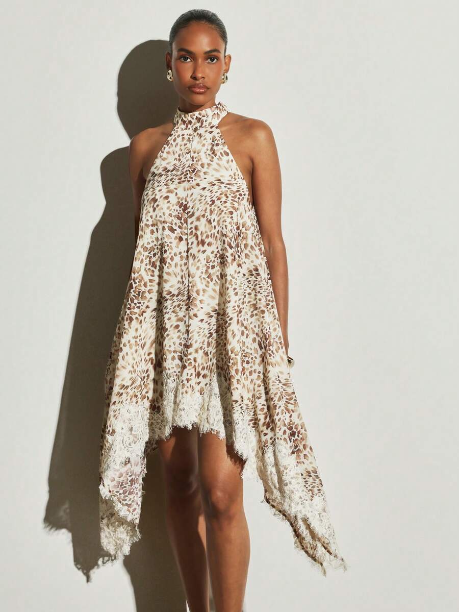 KSTM Halter Neck Leopard Print Mini Dress With Lace Trim Handkerchief Hem Sleeveless Summer Party Dress - Multicolor - View 1
