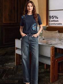 Anewsta 春夏女款優雅海軍藍95%純棉短袖圓領修身T恤，日常穿搭百搭 - 藏蓝色 - 查看 7