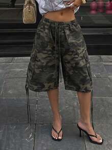 Sinnesro WOMEN Cargo Utility Long Shorts Military Combat Style Drawstring Elastic Waist Summer Spring Casual Pockets Bermuda Length Outdoor Hiking Walking ,Petite Women - Army Green - View 5