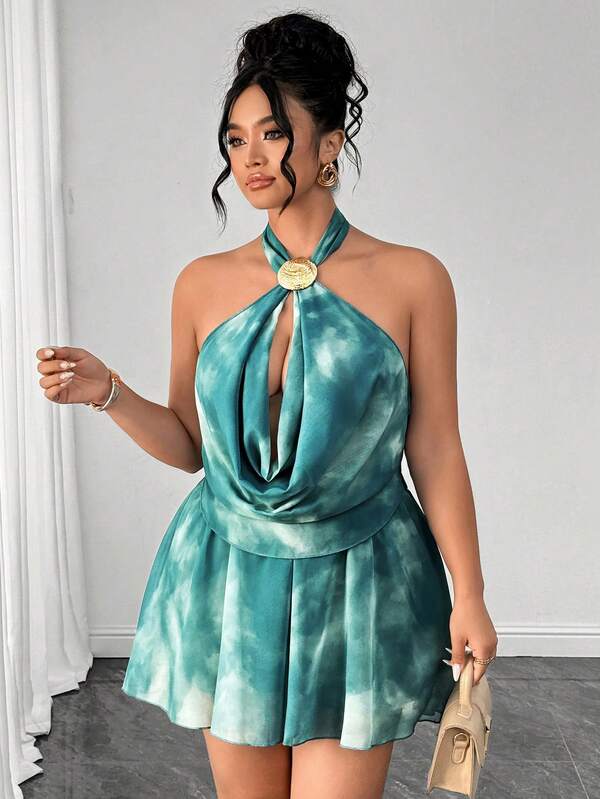 Elenzga Bộ 2 món đi biển gợi cảm phong cách du lịch thời trang Xuân/Hè, áo tank top cổ rủ thắt dây kèm trang trí khóa kim loại satin thanh lịch + chân váy mini xếp ly in họa tiết satin hai lớp gấu