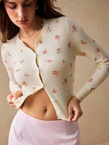 Willow Rêve Women's Pink Floral Pattern Hand-Knit Cardigan Sweater, Romantic Cute Elegant Vacation Style High Tea Party Autumn,Tops For Women,Summer Cardigan - Cream - View 9