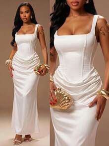 Radiana Women's Solid Color Square Neck Ruched Fitted Sleeveless Dress Sexy Elegant 2-In-1 Design Stretch Knit Patchwork Satin Party Wedding White - White - View 9