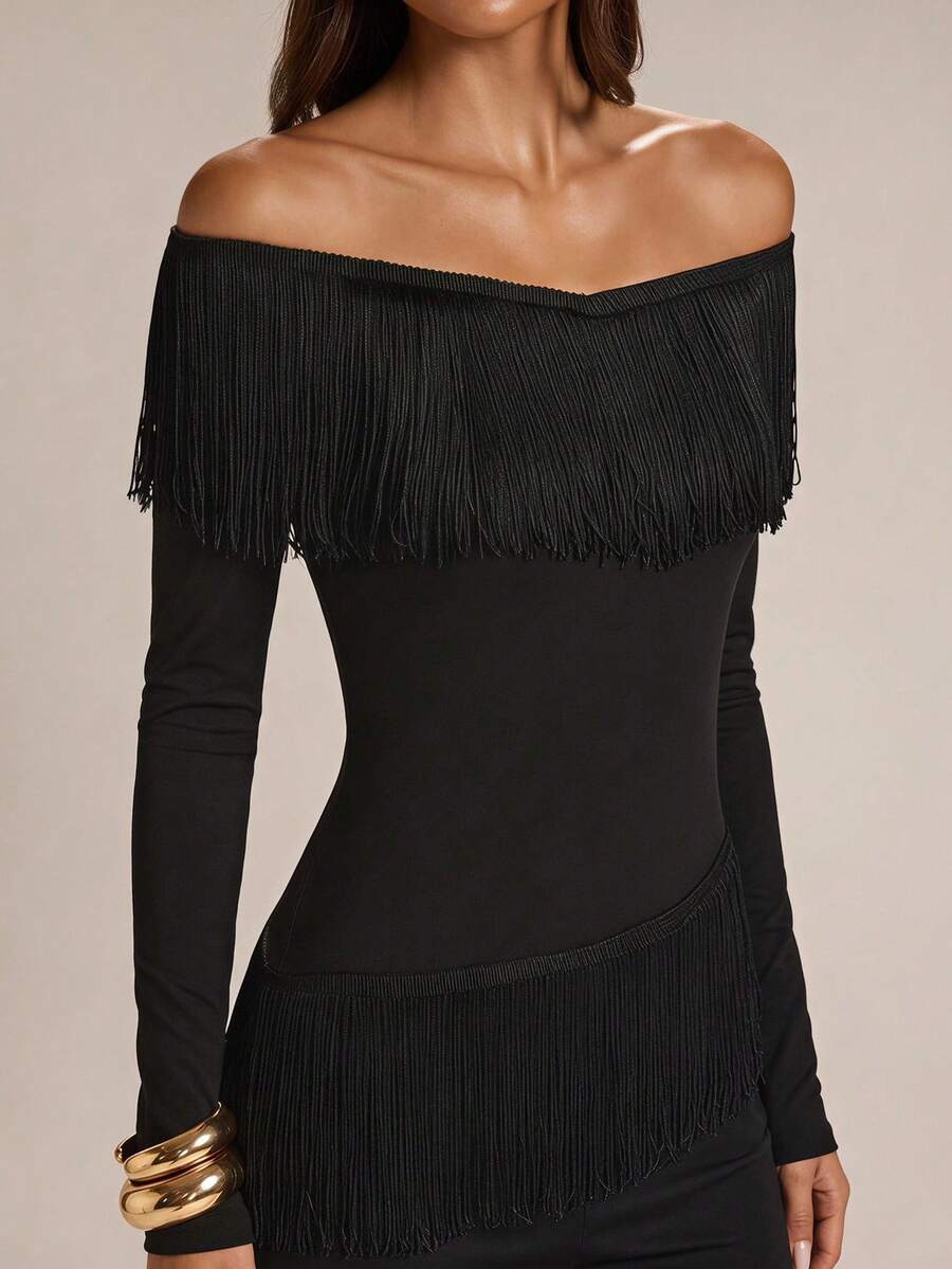 SHEIN BAE Women's Fashion Asymmetric Neckline Long Sleeve Top With Tassel Hem Halloween Party Cocktail Night Out Going Out Casual Sexy Elegant Black Fall - Black - View 1