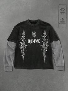 ROMWE MEN Casual Men's Distressed Washed Heavy Print Streetwear 2 In 1 Long Sleeve T-Shirt - Multicolor - View 5