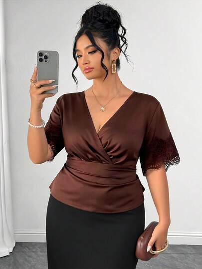 Elenzga Plus Size Women's Summer Elegant V-Neck Wrap Waist Brown Lace Decor Short Sleeve Blouse, Suitable For Date, Birthday, Outing