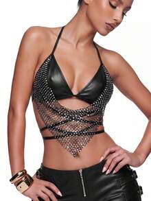 SHEIN ICON Sexy Sequin Mesh Cross Back Halter Crop Y2K Glitter Black Sexy Top Party Club Night Out Summer - Black - View 9