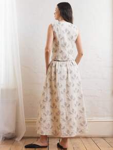 KÆRIA Hus Atasan Tanpa Lengan Kancing Depan Evia - 100% Katun, Kerah Bulat, Jacquard, Setelan Serasi, Terstruktur - Bordir Bunga - Kasual Elegan, Liburan - Khaki - View 3