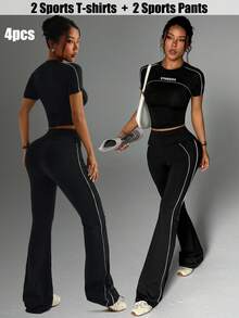 SHEIN Velisys 女款黑白配色修身短袖圓領運動T恤與喇叭褲運動套裝 - 黑色 - 查看 1