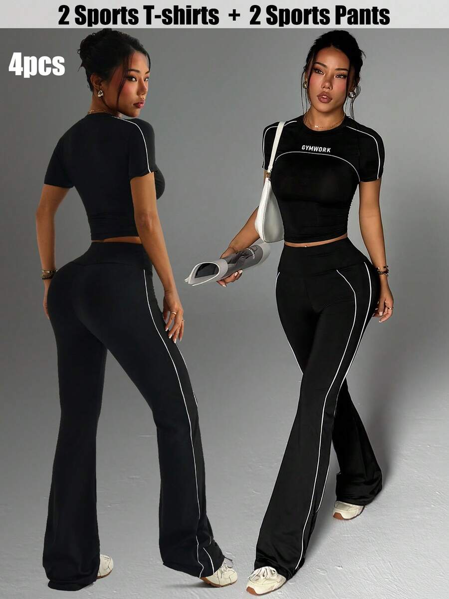 SHEIN Velisys 女款黑白配色修身短袖圓領運動T恤與喇叭褲運動套裝 - 黑色 - 查看 1