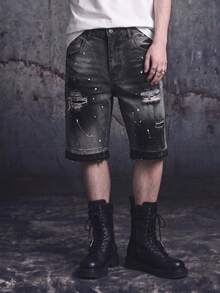 Vyqestra Men's Pocket Distressed Wide Leg Loose Casual Versatile Denim Shorts - Grey - View 1