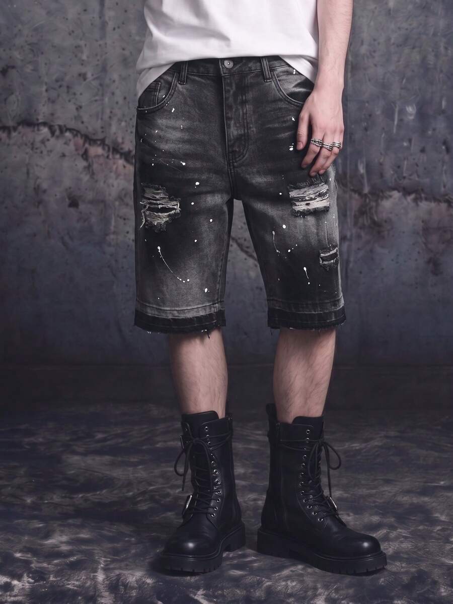 Vyqestra Men's Pocket Distressed Wide Leg Loose Casual Versatile Denim Shorts - Grey - View 1