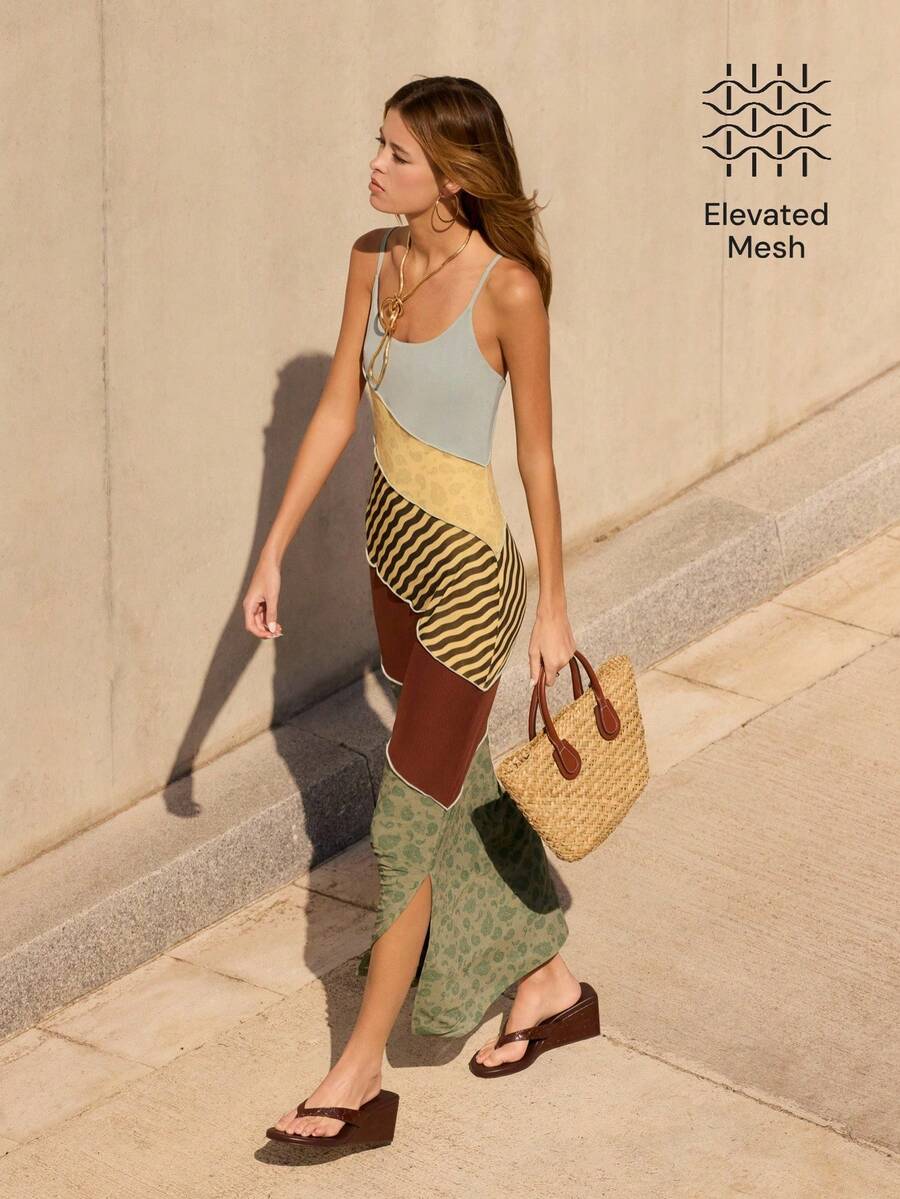 Nöista Vestido maxi con bloques de color y patchwork con tirantes delgados. Verano, otoño, resort, vacaciones, fiesta. - Multicolor - View 1
