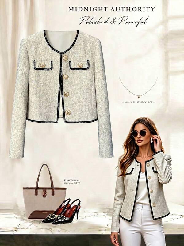 Qadelle Women's Button Long Sleeve Contrast Color Fashion Jacket, Versatile For Daily Wear And Business