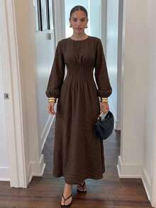 Firerie Women's Casual And Elegant Fitted Waist Long-Sleeved Dress, Burgundy Dress / Fitted Waist Dress / Linen Dress / Vintage Style Dress / Summer Dresses / Spring Outfit Women / Everyday Work Dress / Valentines Day Dress / Casual Dress For Women / Red Dresses For Women - Brown - View 4