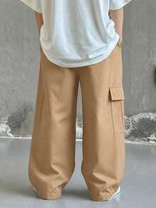 SHEIN 兒童青少年男孩休閒工裝寬鬆長褲，運動套裝，Y2K風格褲子，SS26，適用於外出、情人節、約會、旅行、度假、家庭聚會、返校、婚禮季、晚會、運動、派對 - 卡其色 - 查看 3
