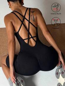 Slayform Slayform Women's Solid Color Back Criss-Cross Design Sleeveless Athletic Romper Shorts - Black - View 4