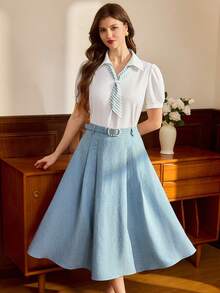 Vintamour Vintage Preppy Klassisch Elegant Damen 2-teiliges Set Frühling Sommer Bluse Rock Gürtel Blau und Weiß gestreift Aqua Schulanfang Büro Outfits für Frauen - Blau - Übersicht 7