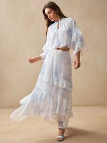 Willow Rêve 女款藍色花卉圖案荷葉邊上衣與長裙兩件套，波西米亞風，浪漫度假風，情人節 - 藍白色 - 查看 2