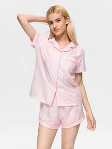Bonmuse Polka Dot Bow Print Women Bubble Crinkle Short Sleeve Shorts Pajama Set - Pink - View 3
