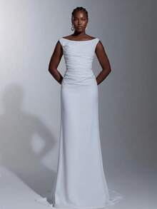 Elitara Plus Size Elegant Classy Formal Dinner Deep U-Neck Ruffled Corset Bodice Mermaid Hem Wedding Party Evening Dress Gown Long White Autumn - White - View 6