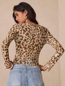 Allurite Vintage Leopard Lace Patchwork Women's T-Shirt, Slimming Short Style Base Layer, New Spring/Summer Sexy Long Sleeve Top - Multicolor - View 8