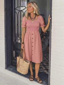 LanaWest Women's Denim Effect Puff Sleeve A-Line Dress - Pink - View 3