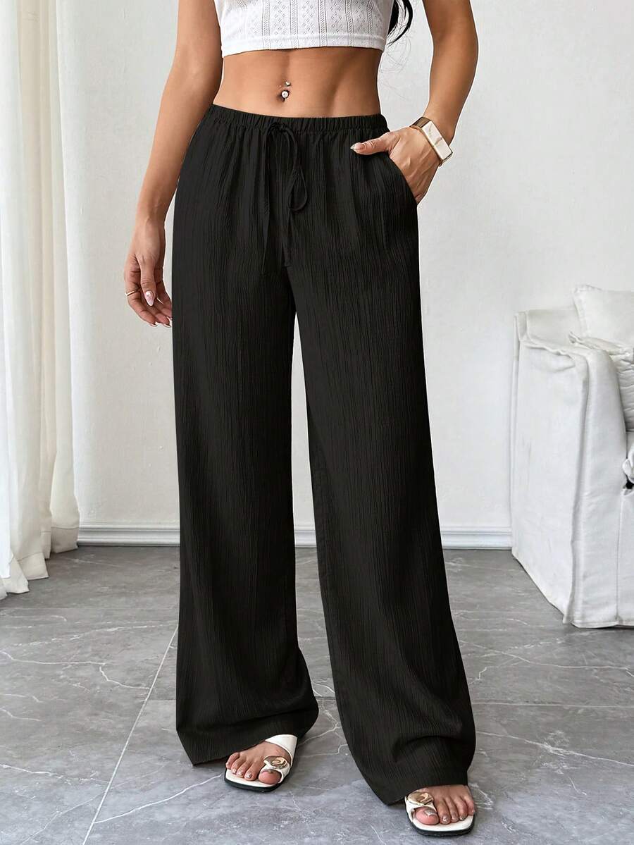 Flirla Women's Casual Plain Slant Pockets Textured Long Pants Fall Cloth For Women - Black - View 1