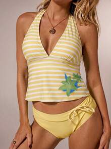 SHEIN Forever 21 Ținute de vacanță la plajă, costume de baie din două piese pentru femei, haine de vacanță pentru femei, un set de costume de baie din două piese, cu dungi verzi, blocante de culoare - Lumină galbenă - Vizualizare 4