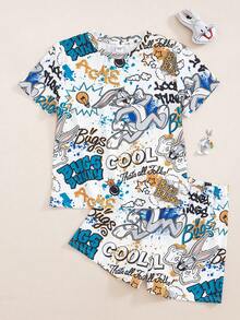 LOONEY TUNES X SHEIN Tween Boy Cartoon Print Crew Neck Short Sleeve Top And Casual Shorts Set - Multicolor - View 1