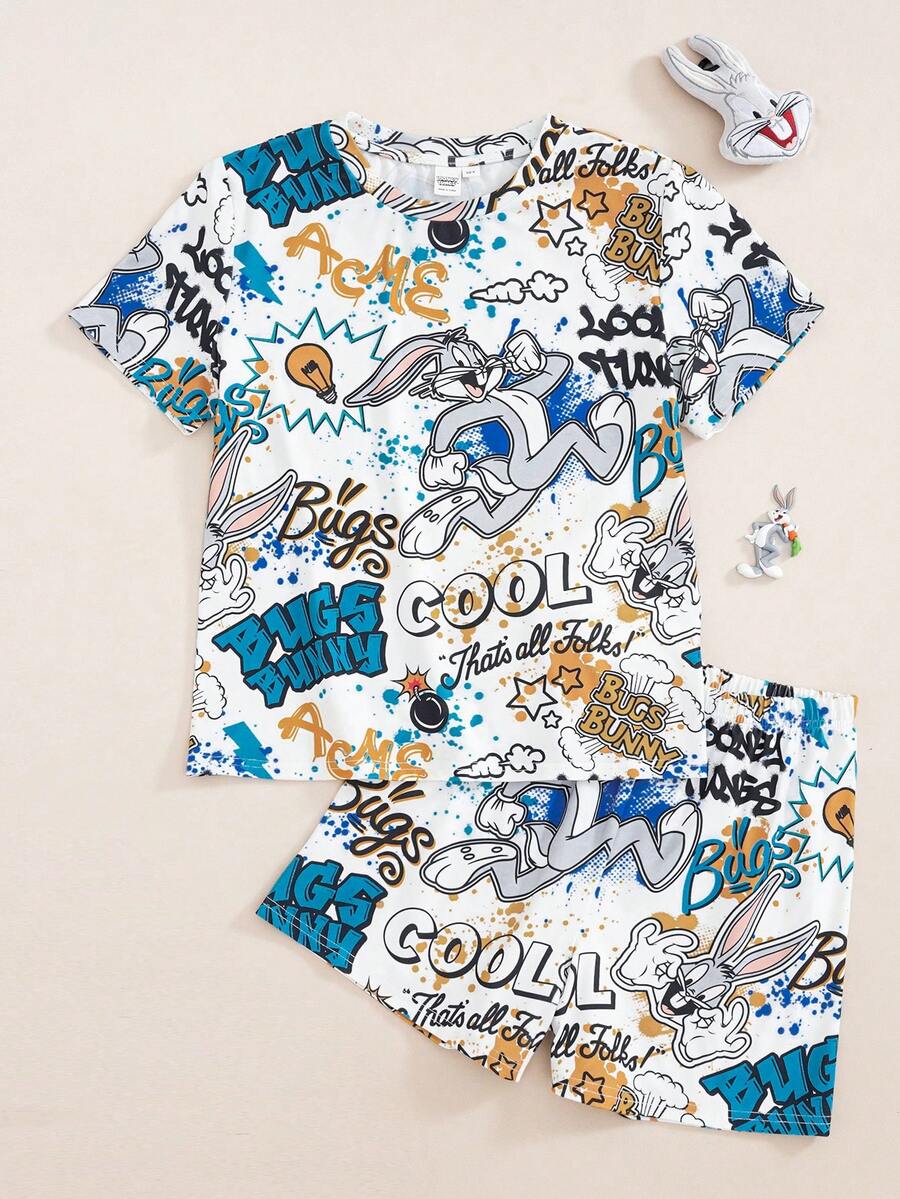 LOONEY TUNES X SHEIN Tween Boy Cartoon Print Crew Neck Short Sleeve Top And Casual Shorts Set - Multicolor - View 1