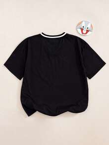 LOONEY TUNES X SHEIN Tween Boy Cartoon Pattern Letter Print V-Neck Contrast Color Short Sleeve T-Shirt - Black - View 2