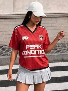 Muchica Women's V-Neck Short Sleeve Sports Casual T-Shirt Gym Red And Black  World Cup Soccer Holiday Brazil Jersey Y2K City Break Vacation Football Jersey - Red - View 2