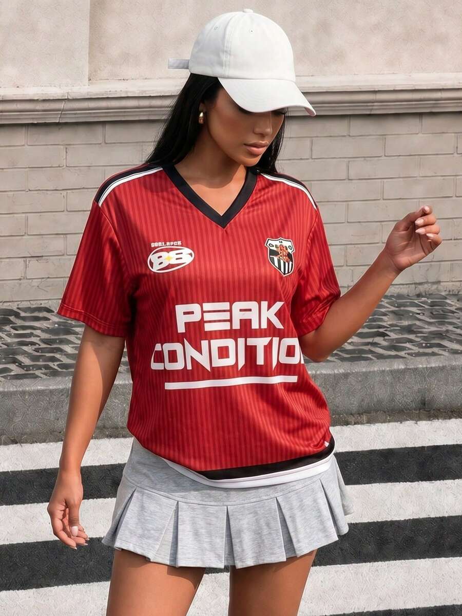 Muchica Women's V-Neck Short Sleeve Sports Casual T-Shirt Gym Red And Black  World Cup Soccer Holiday Brazil Jersey Y2K City Break Vacation Football Jersey