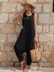 SHEIN أوفرول نسائي بلا أكمام واسع الساقين ولون سادة للصيف - الأسود - مشاهدة 2