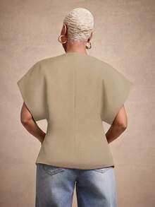 Vixey Solid Textured Woven Asymmetrical Hem Single Button Waistcoat Top, Business Casual, Office, Office Chic, Elevated Essentials, Work To Weekend - Khaki - View 2