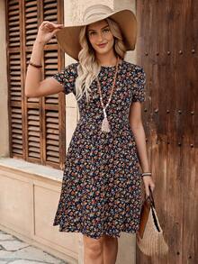 Rusticease Ladies' Summer Round Neck Floral Print A-Line Short Elegant Dress,Boho Clothes Women - Black - View 3