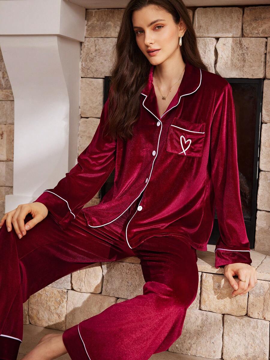 Moireta Contrast Trim Patch Pocket Long Sleeve Top & Pants Fluffy Pajama Set, Velvet Lounge Set, Fall Winter Clothes, Cozy - Burgundy - View 1