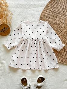 SHEIN Vintaside Kids Cute Baby Girl Red And White Polka Dot Dress, With Bow Decoration, Ruffle Long Sleeve Front Button Casual Soft Comfortable Fabric, Spring Autumn Wear - Black and White - View 3