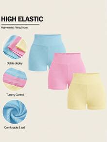 SHEIN BASICS 3件組女款休閒純色針織修身短褲，夏季女用 - 彩色 - 查看 8