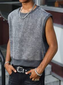 QuarKem Men's Street Style Casual Pullover Dark Grey Denim Vest - Dark Grey - View 3