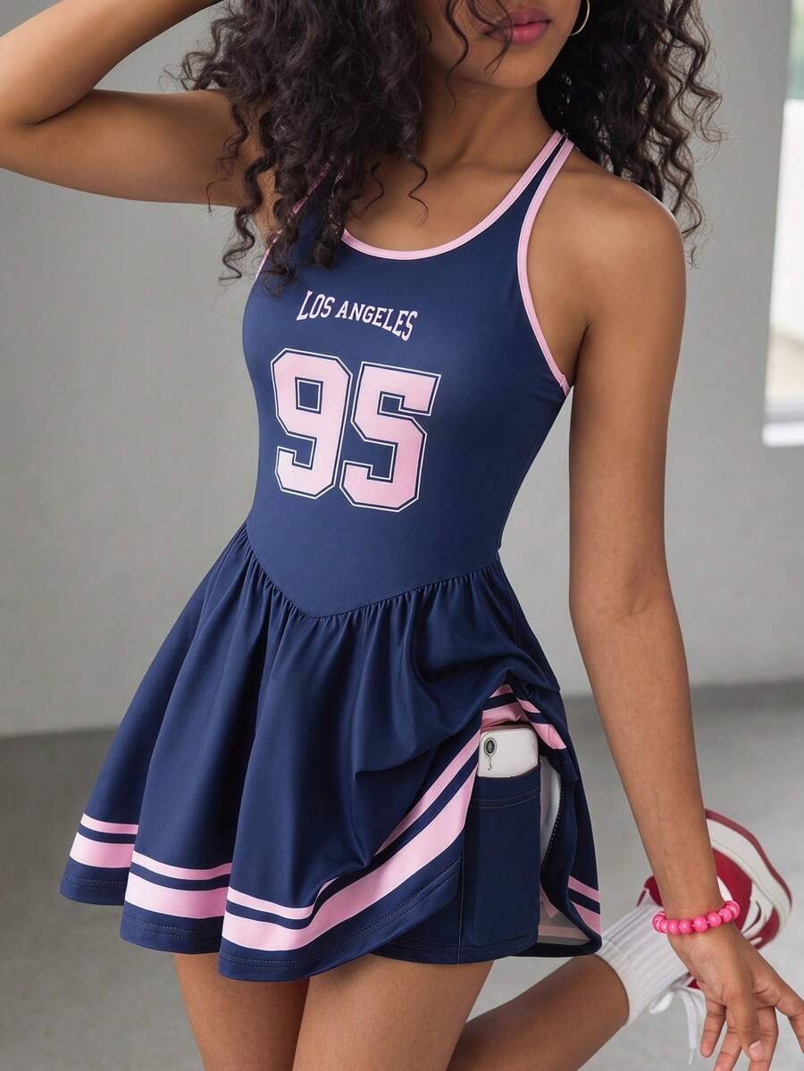 SHEIN 少女休闲运动字母印花撞色交叉露背运动连衣裙 - 彩色 - 查看 1