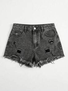 SHEIN Tall CURVE Plus Size Solid Color Frayed Hem Ripped Slant Pocket Casual Denim Shorts - Blue - View 1