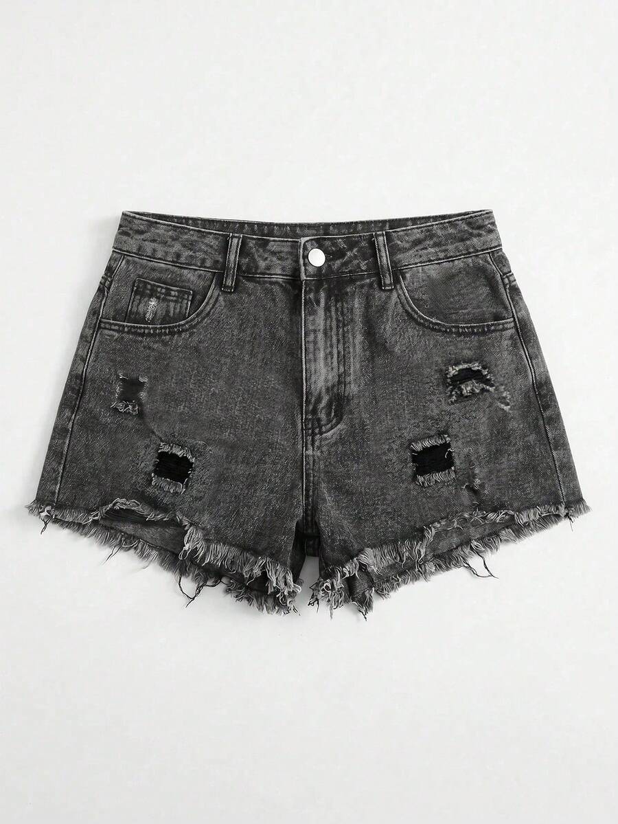 SHEIN Tall CURVE Plus Size Solid Color Frayed Hem Ripped Slant Pocket Casual Denim Shorts - Blue - View 1