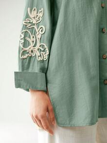 Anewsta Linen Blend Rose Print Vacation Shirt - Green - View 2