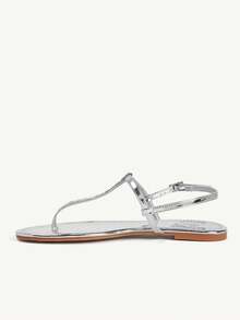 CUCCOO CHICEST Mirror Silver T-Word Clip Foot Back Strap Buckle Flat Sandals, Women's Simple And Versatile Outer Wear Casual Shoes - Silver - View 4