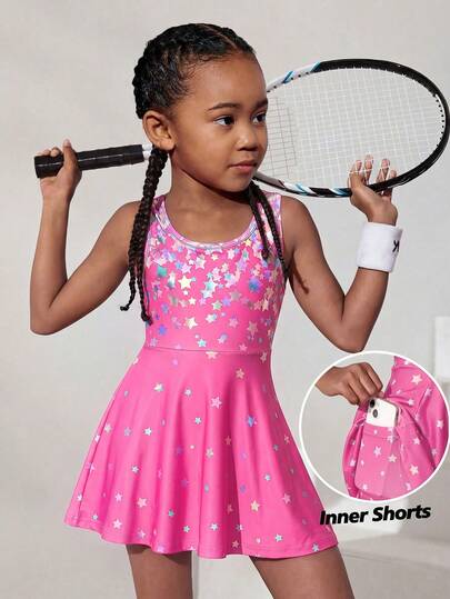 SHEIN Top deportivo sin mangas de cuello redondo con patrón de estrellas de punto para niña joven